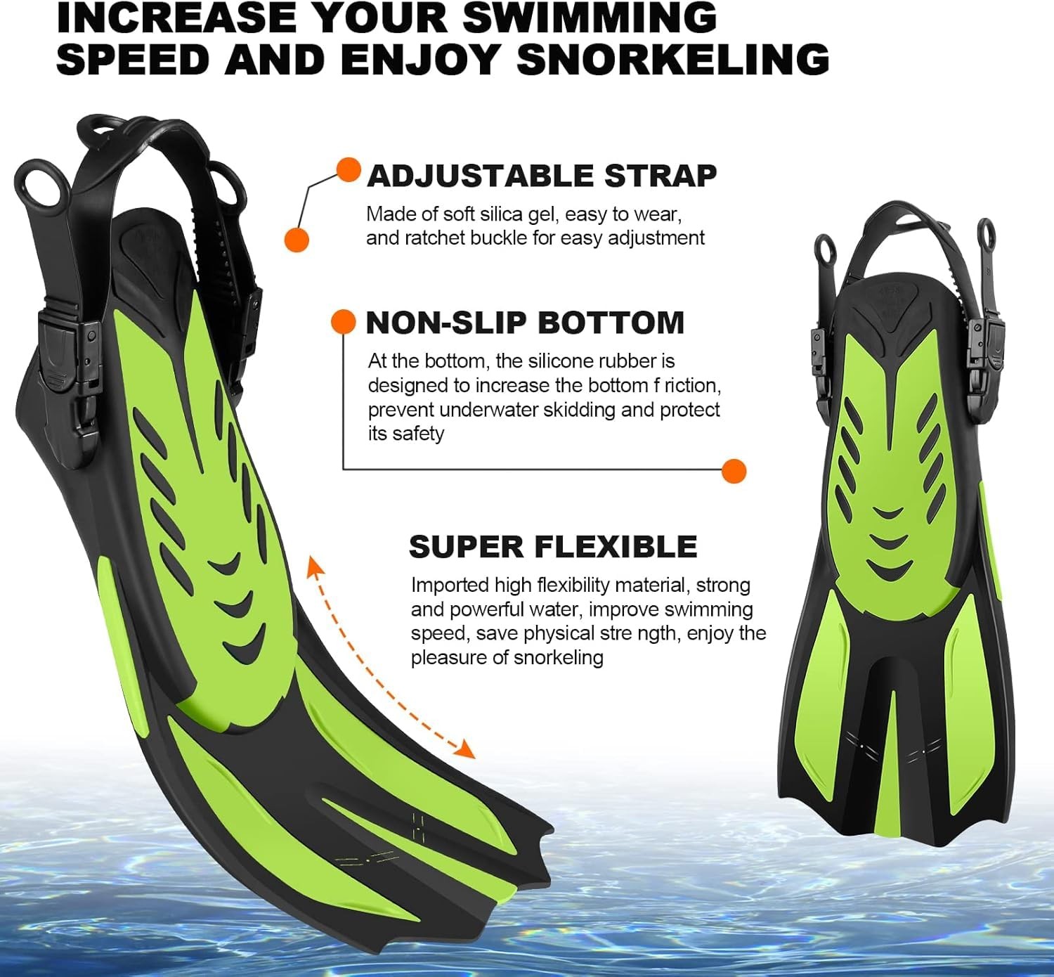 Odoland Adult Snorkel Set, S/M (US Men 4.5-8.5/ Women 5.5-9.5), Black Green