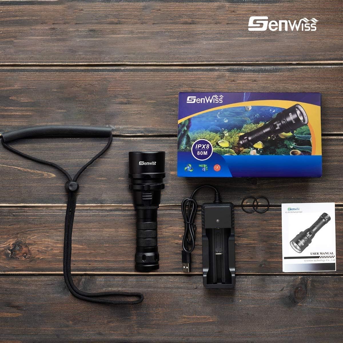 Ergonomic Scuba Diving Flashlight – 2000 Lumen Waterproof LED Torch with Charger