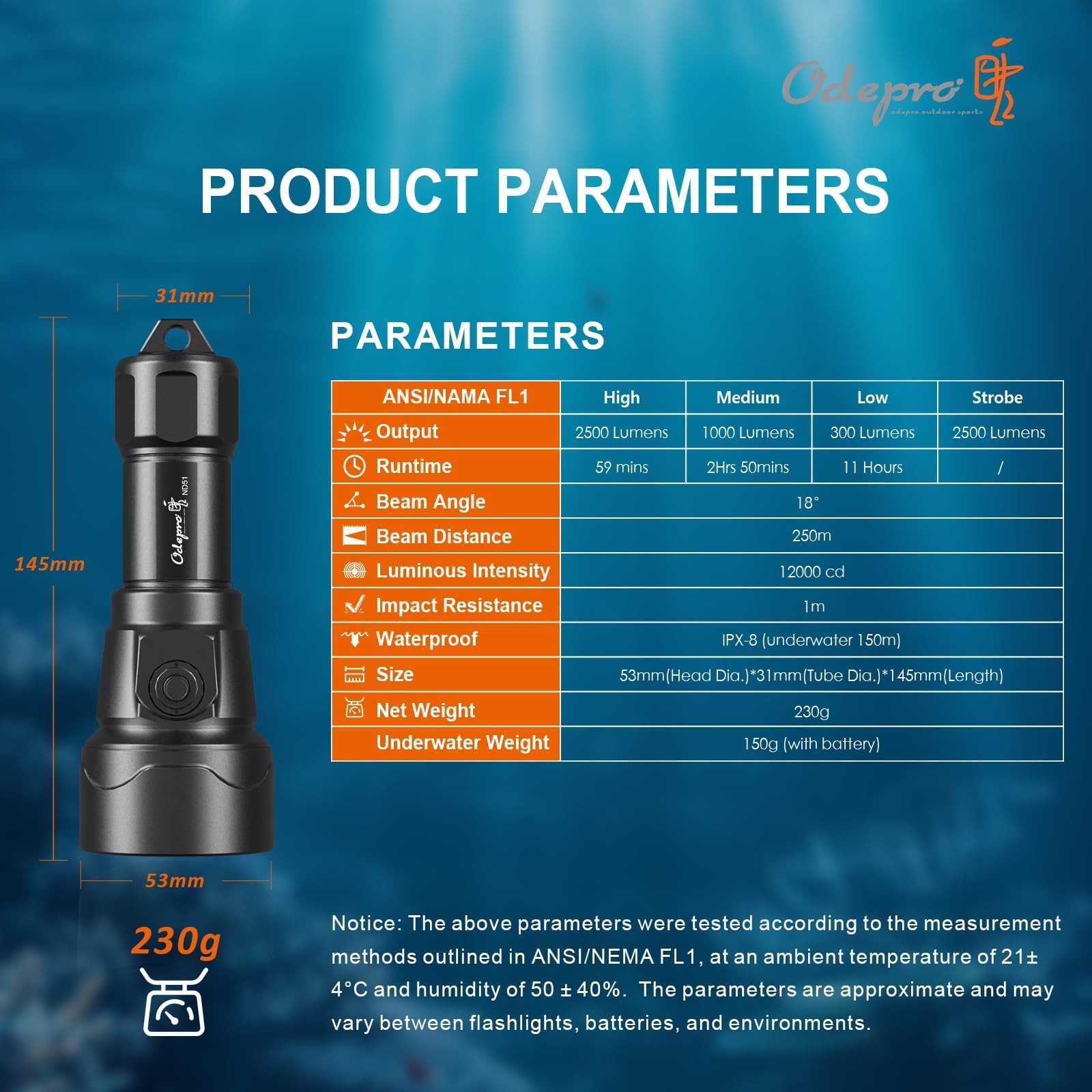 Odepro ND51 2500 Lumens Super Bright Dive Lights 4 Modes Scuba Diving Torch w…