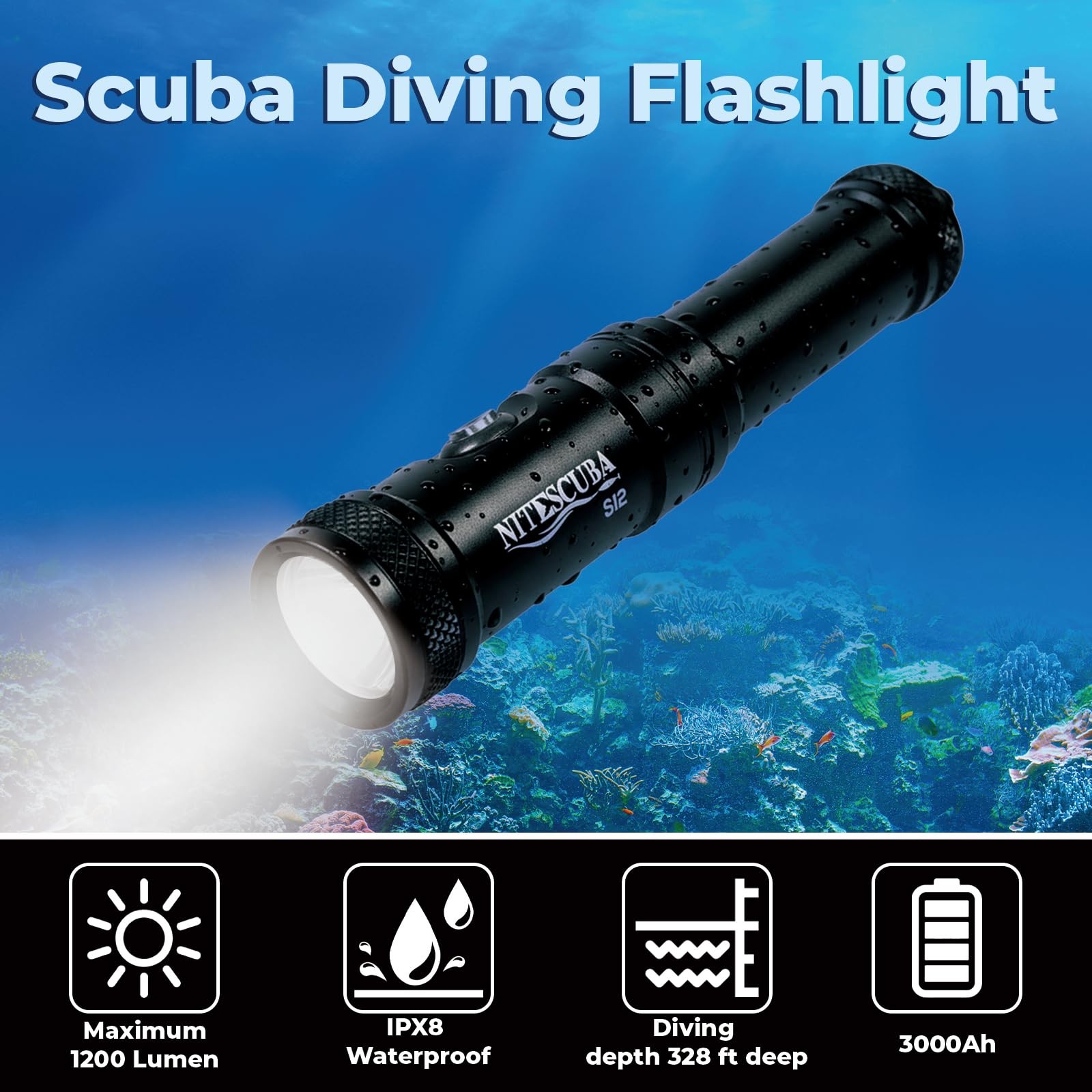 Scuba Diving Flashlight Dive Lights Torch 1200 Lumen Underwater 100m Black