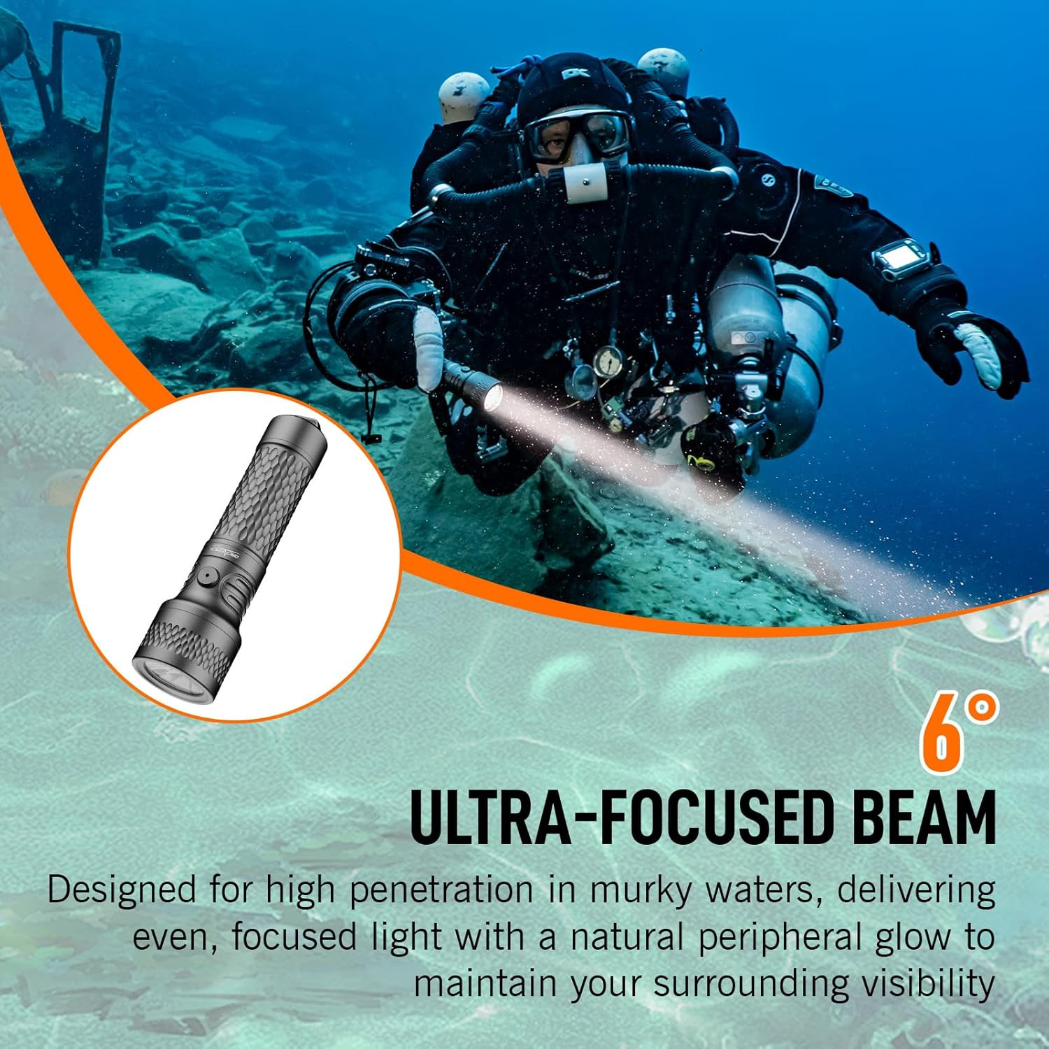ORCATORCH ORCA7 Dive Light, 3000 Lumens SOS Signal Scuba Diving Flashlight, 6° N