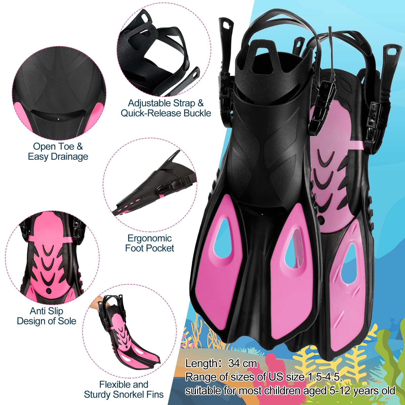 2 Pcs Full Face Snorkel Mask for Kids with Adjustable Swim Fins 180 Degree Pa…