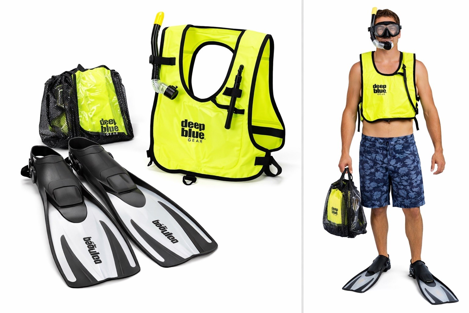 Deep Blue Gear Snorkeling Set – Fins + 2 Safety Vests (One New)