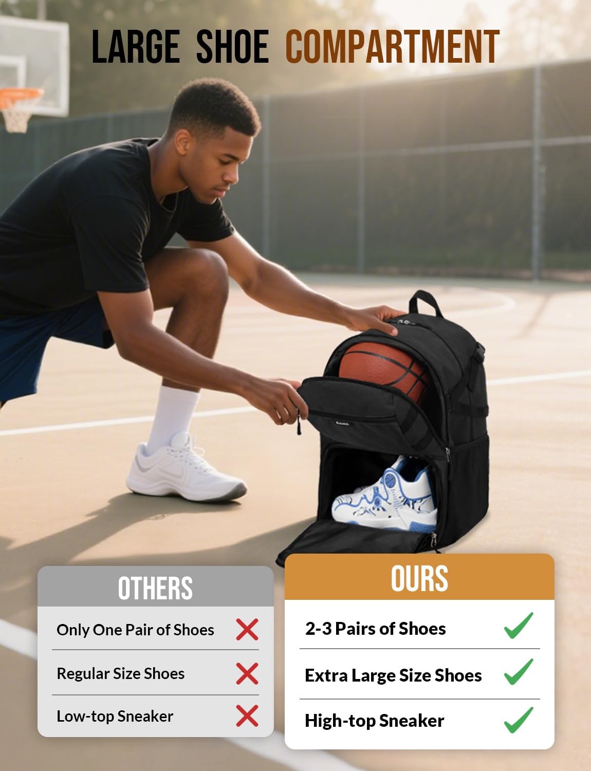 Celvetch Basketball Backpack with Shoe Compartment Large One Size, Black