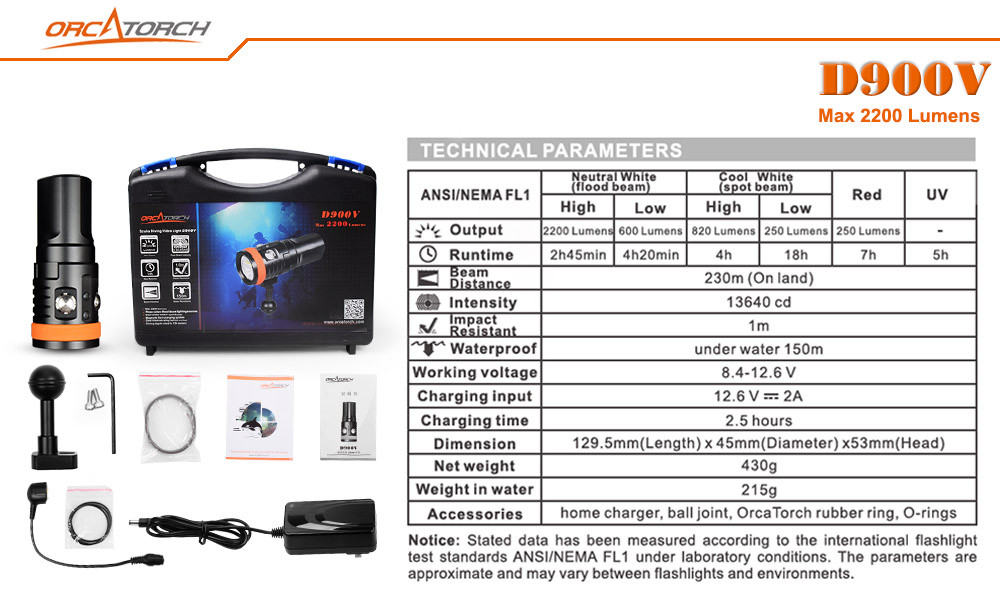 Orca D900V Video & Dive Light Magnetic Rechargable