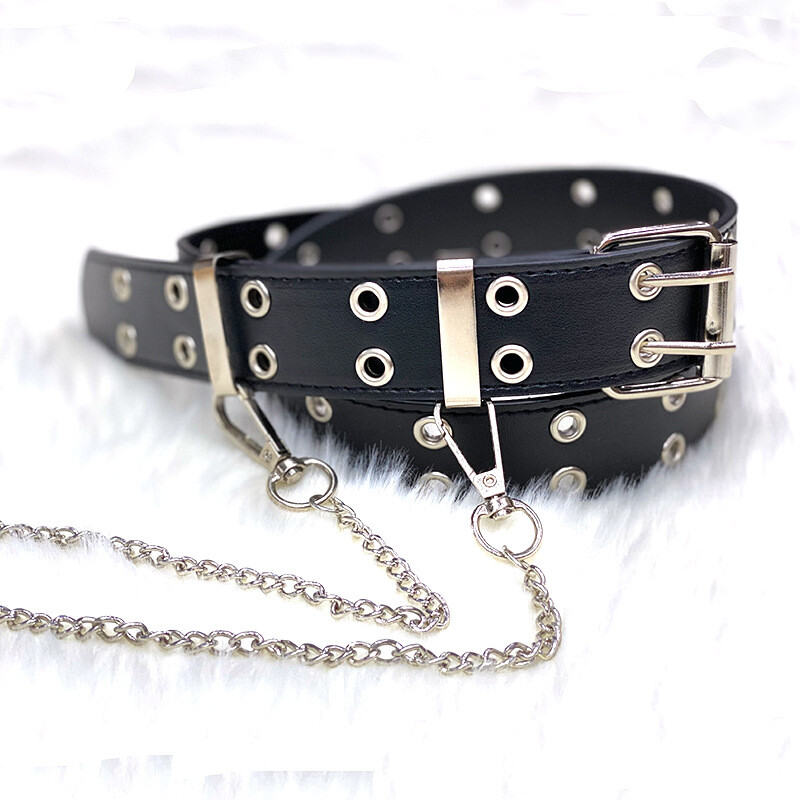 New fashion Gothic Double Grommet Holes Leather Belt 2-Row Studded For Womens