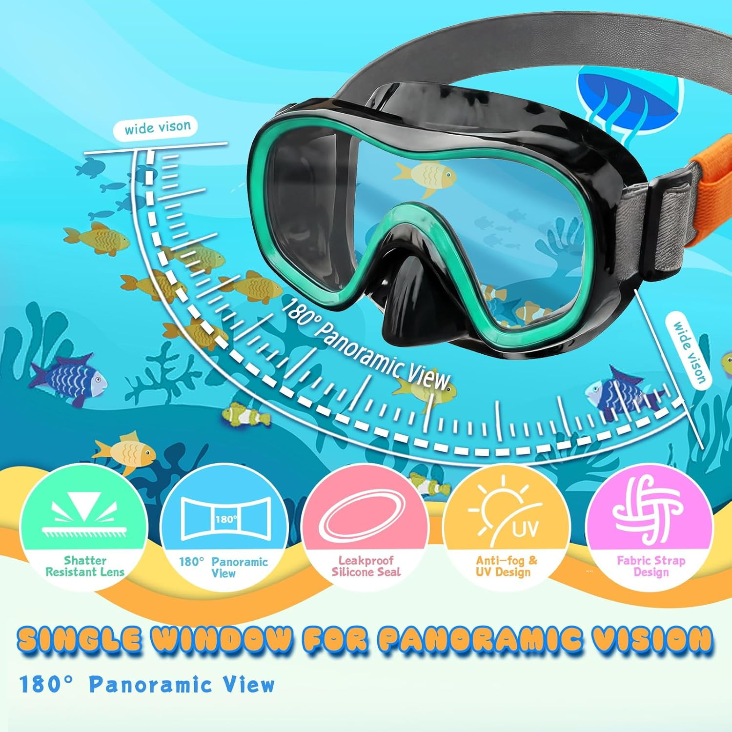 Snorkeling Gear for Kids Adults, 4 in 1 Travel Mask Fins Snorkel Set with Panora