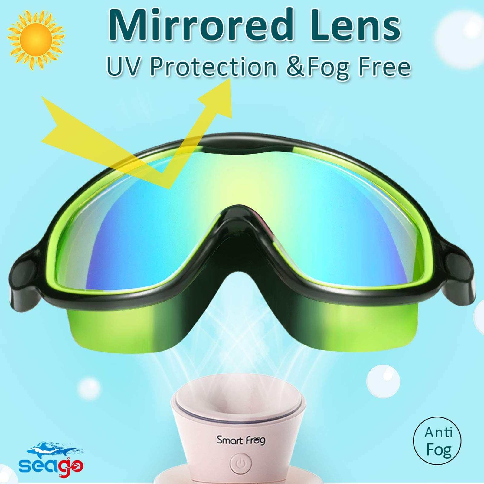 Seago Swim Goggles 2 Pack Anti-Fog 7.08*2.8*2.6in, Light Blue & Black/Green