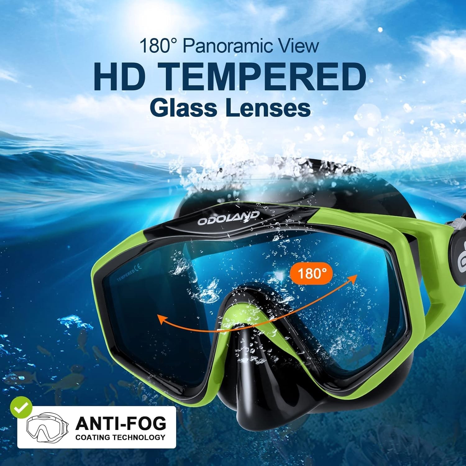 Odoland Adult Snorkel Set, S/M (US Men 4.5-8.5/ Women 5.5-9.5), Black Green