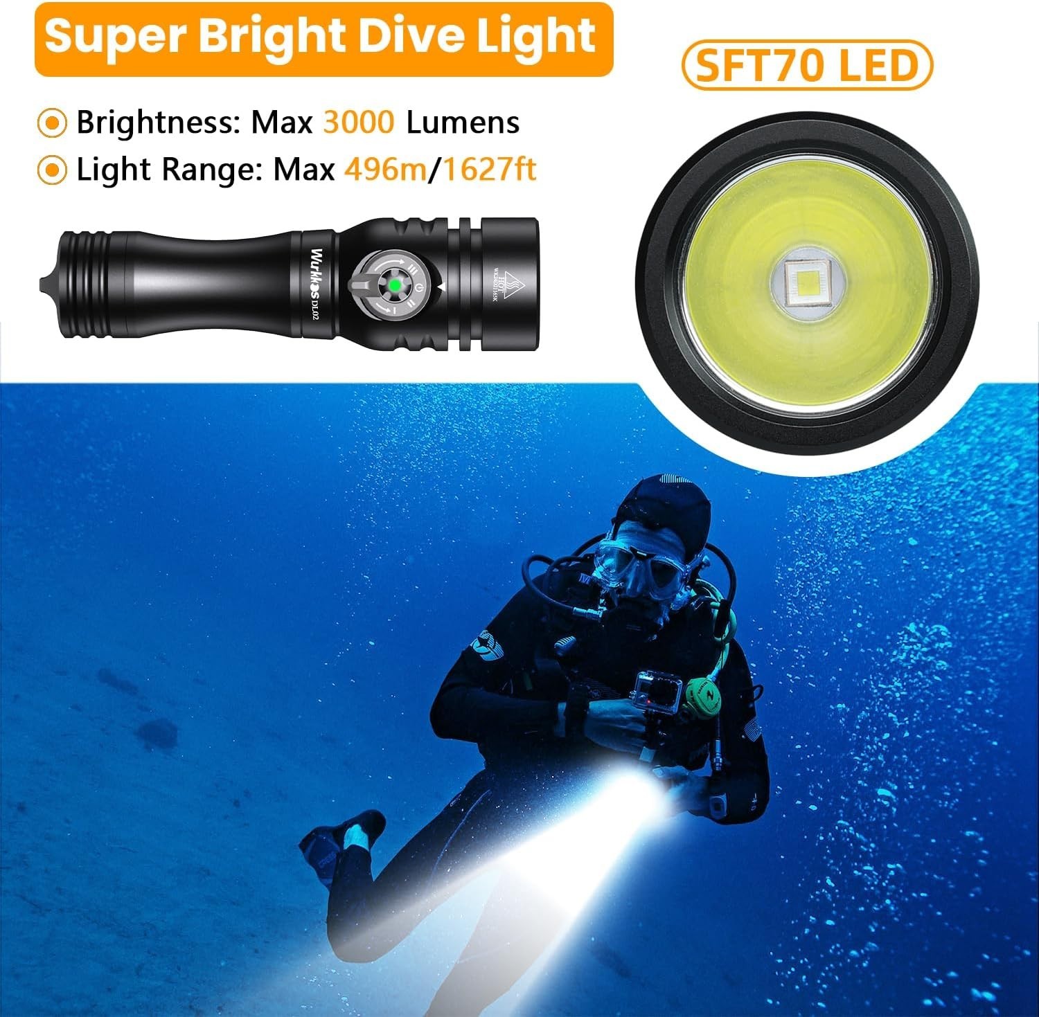 DL02 Scuba Diving Light,3000 Lumens 6500K Dive Light with Rotary Magnetic Switch