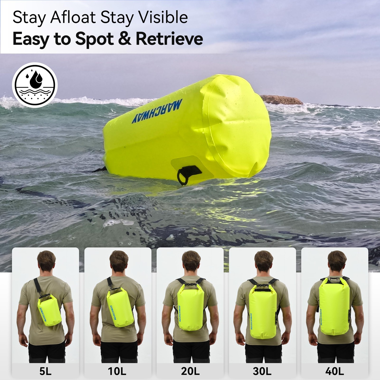 MARCHWAY Floating Waterproof Dry Bag Backpack 40L, Bright Yellow
