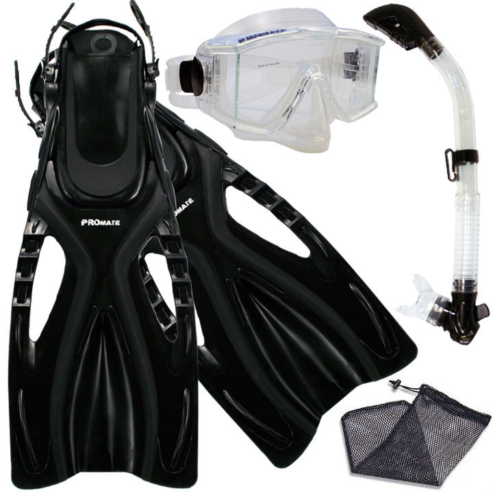 Promate Snorkeling Panoramic Purge Dive Mask Dry Snorkel Fins Equipment Gear Set