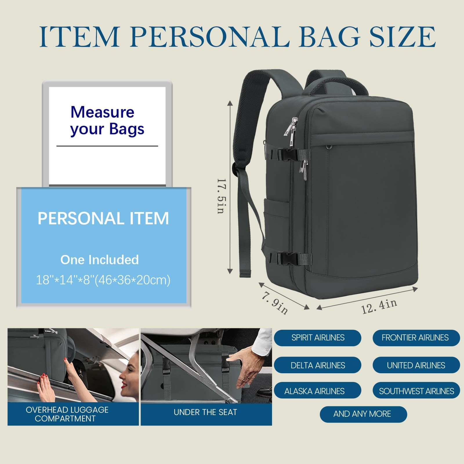 Lossga for Spirit Airlines Personal Item Bag 18x14x8 Inches 30L, Dark Grey