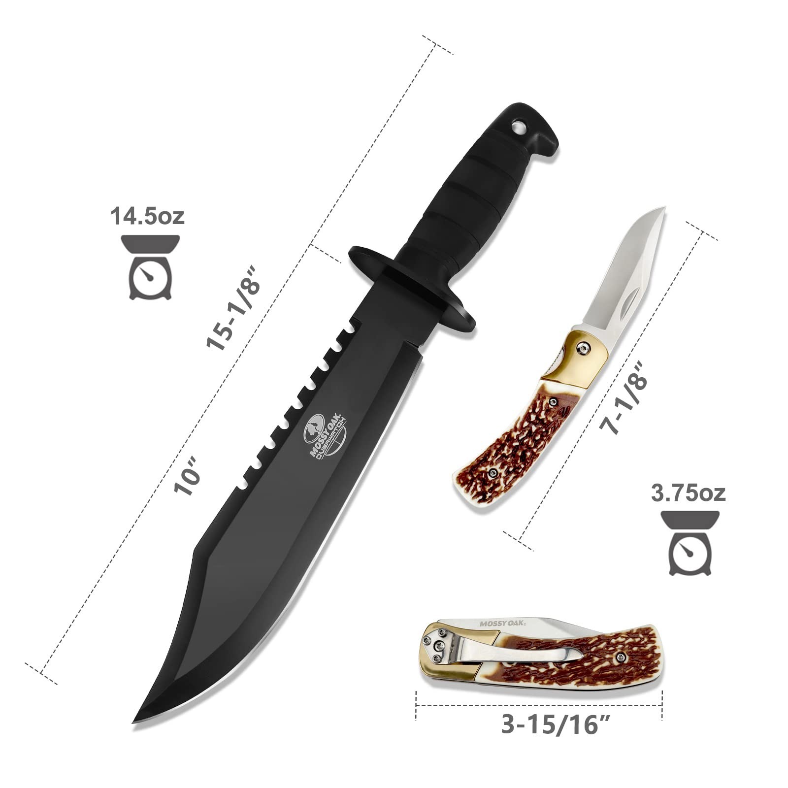 MOSSY OAK 15-inch Survival Bowie Knife & Folding Pocket Knife, Fixed Blade Hu…