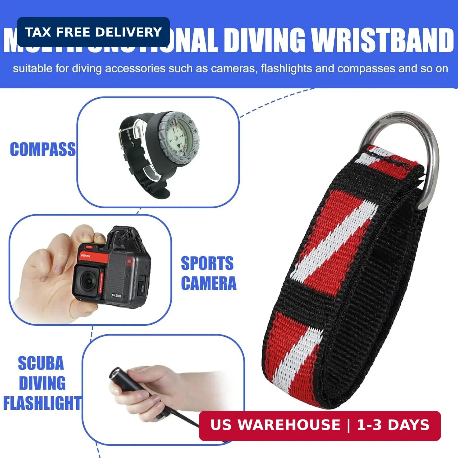 Scuba Diving Wrist Strap, Adjustable Dive Wristband with Stainless Steel D Ring