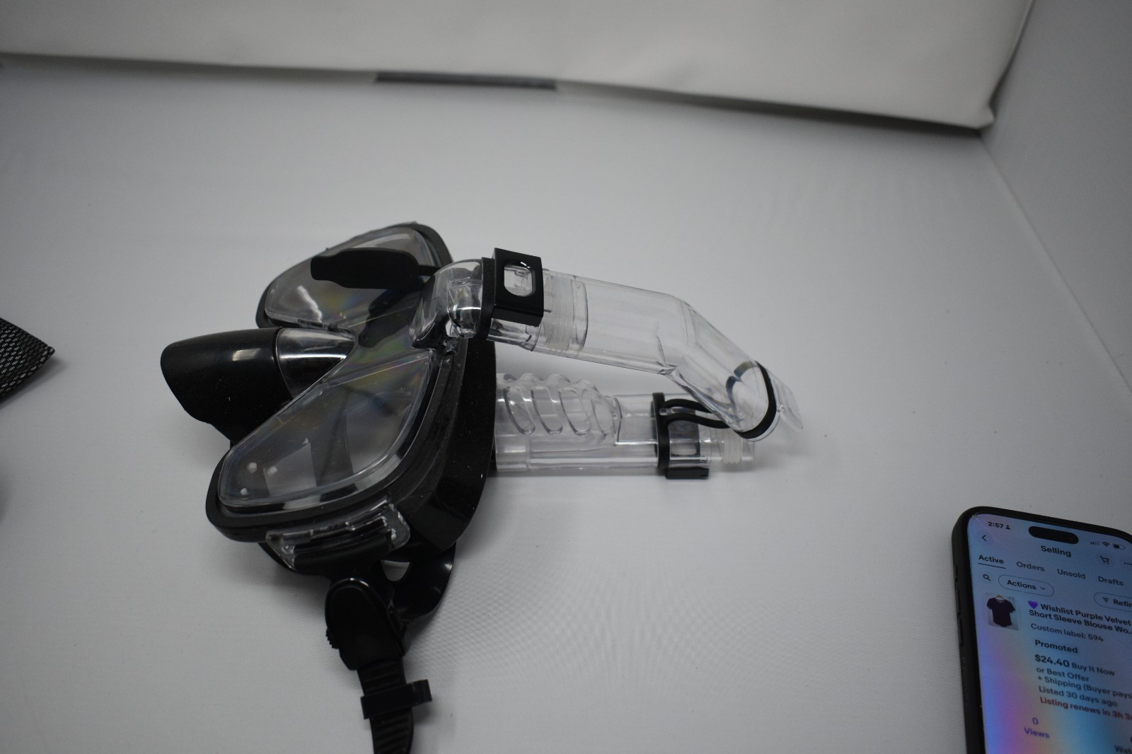 Snorkel and Diving Mask Set Black Clear Adult Swim Gear w/ Carry Mesh Bag
