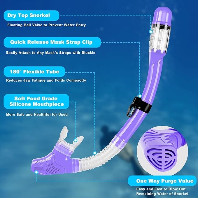 Zipoute Snorkel Dry Top Snorkeling Gear for Adults Panoramic Anti-Leak – PURPLE