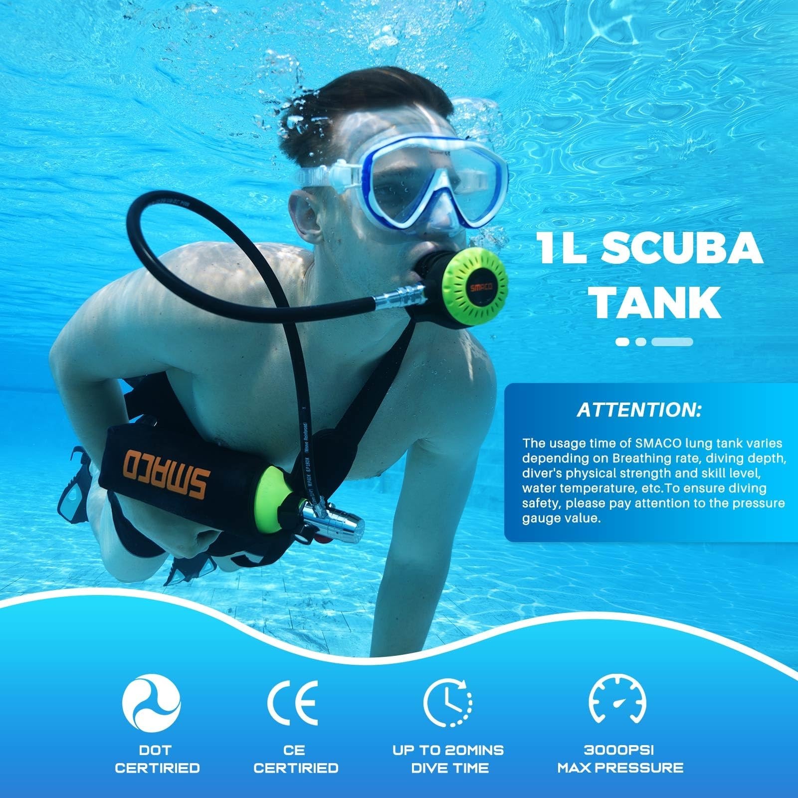 SMACO Scuba Tank Lung System, 1.9L Portable, 3000 PSI Diving Gear for Backup Air