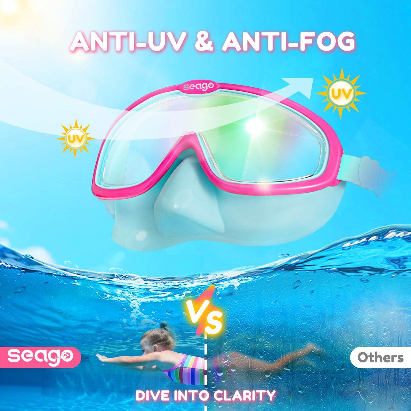 Seago Kids Swim Goggles 2 Pack for 3-12, One Size, Pink Green & Blue White