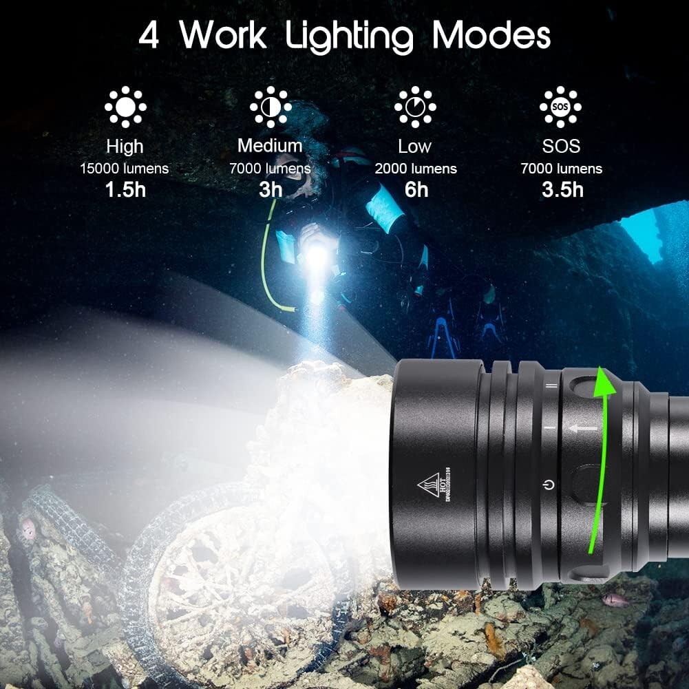 APLOS AP150 Dive Torch, 15000 Lumen, Underwater 492ft, Scuba Diving Flashlight.