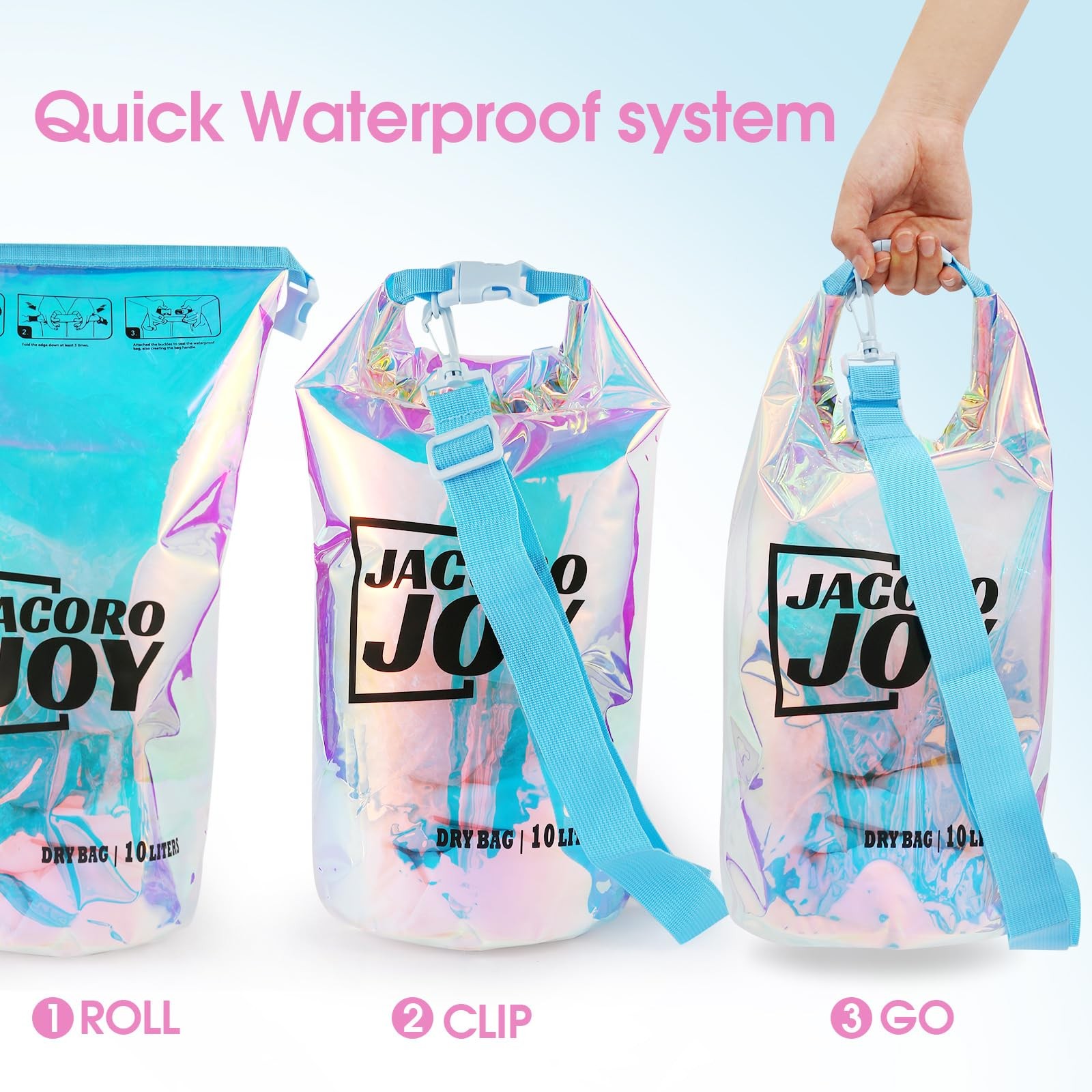 JACORO JOY 10L Dry Bag Iridescent TPU Waterproof Beach 5 Liters, Multi