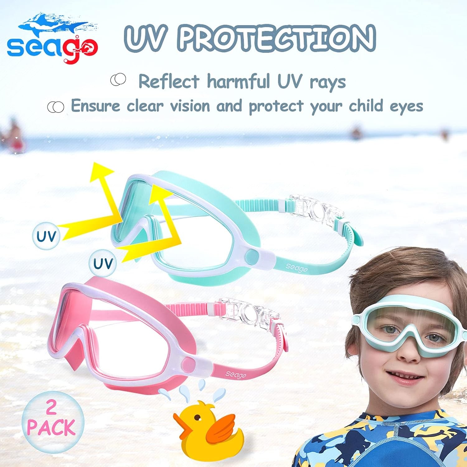 Seago Swim Goggles 2 Pack Anti-Fog Anti-UV Wide View Light Green & Pink