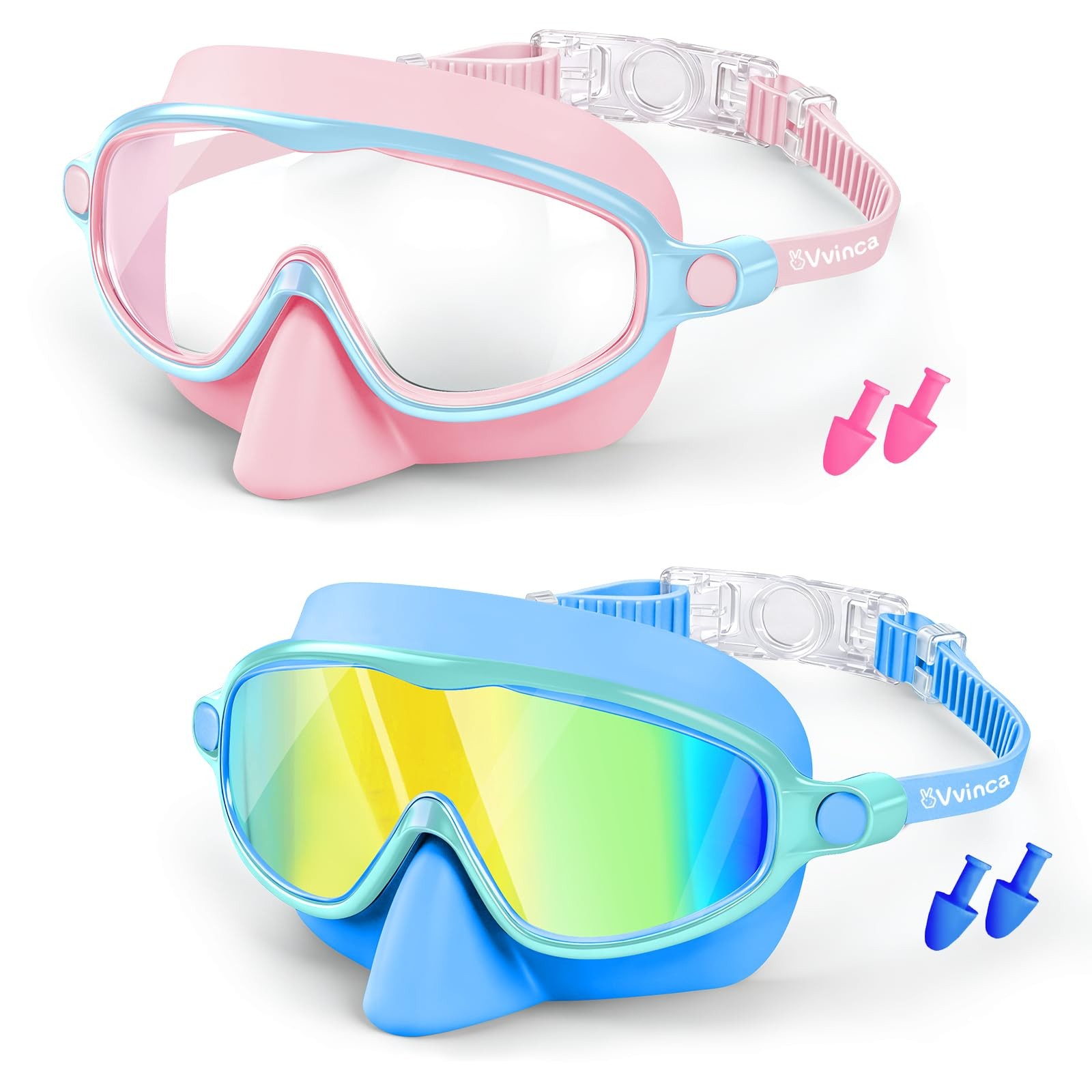 Vvinca 2 Pack Kids Swim Goggles with Nose Cover, Wide 2 Pack, 01-pink & Blue