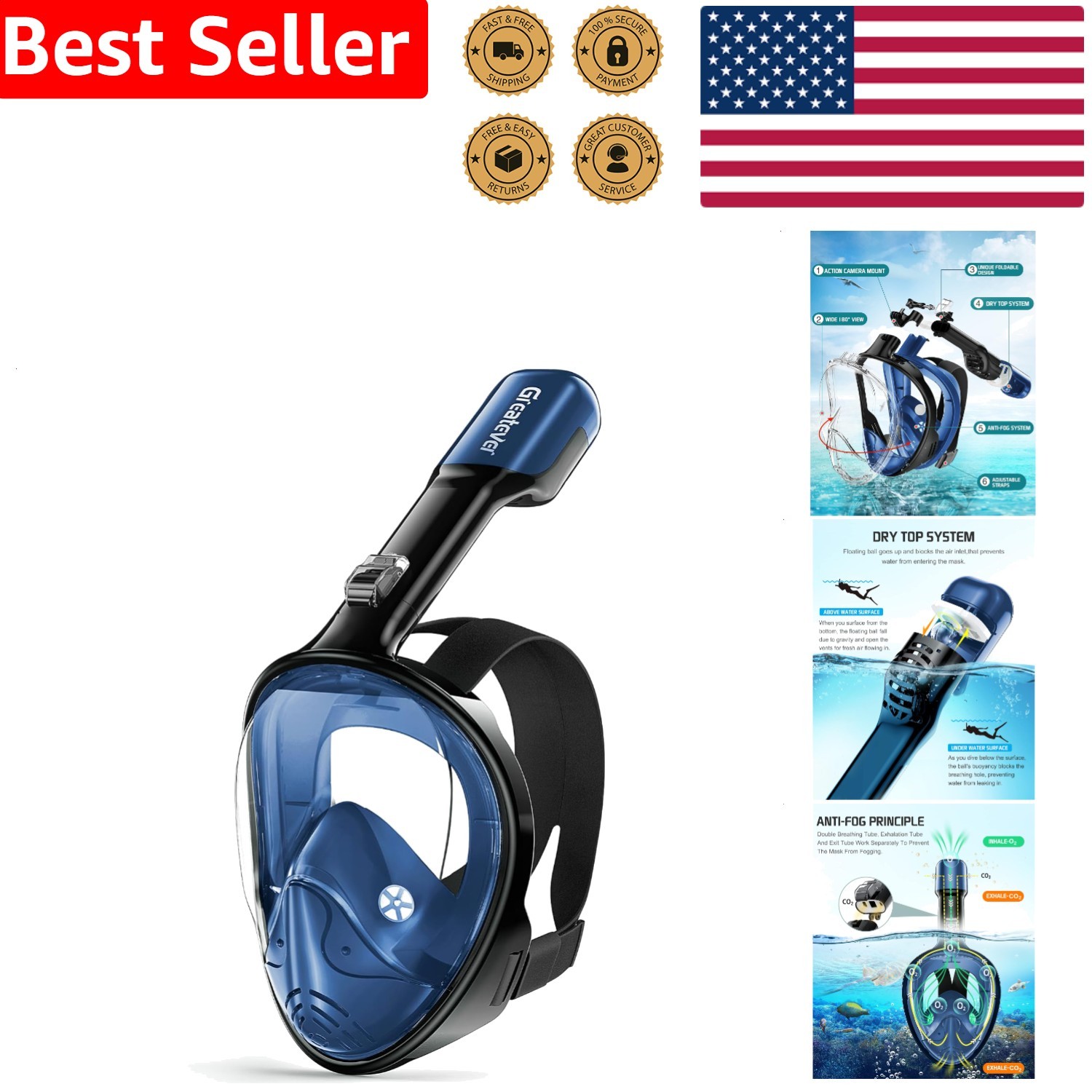 Full Face Snorkel Mask Adults Kids Dry Top Anti-Fog Anti-Leak Camera Mount Fo…