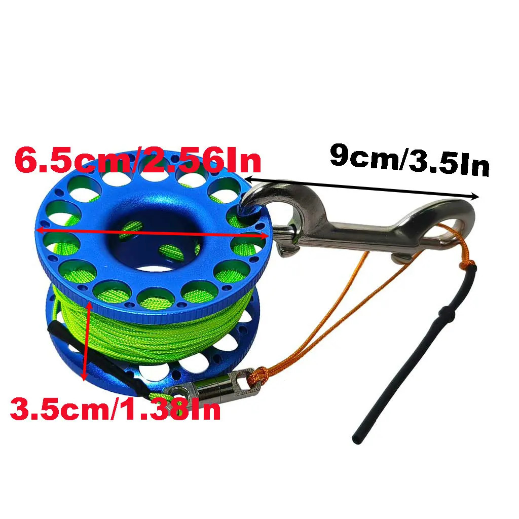 30M Aluminum Alloy Scuba Diving Spool Finger Reel with Double Ended Hook