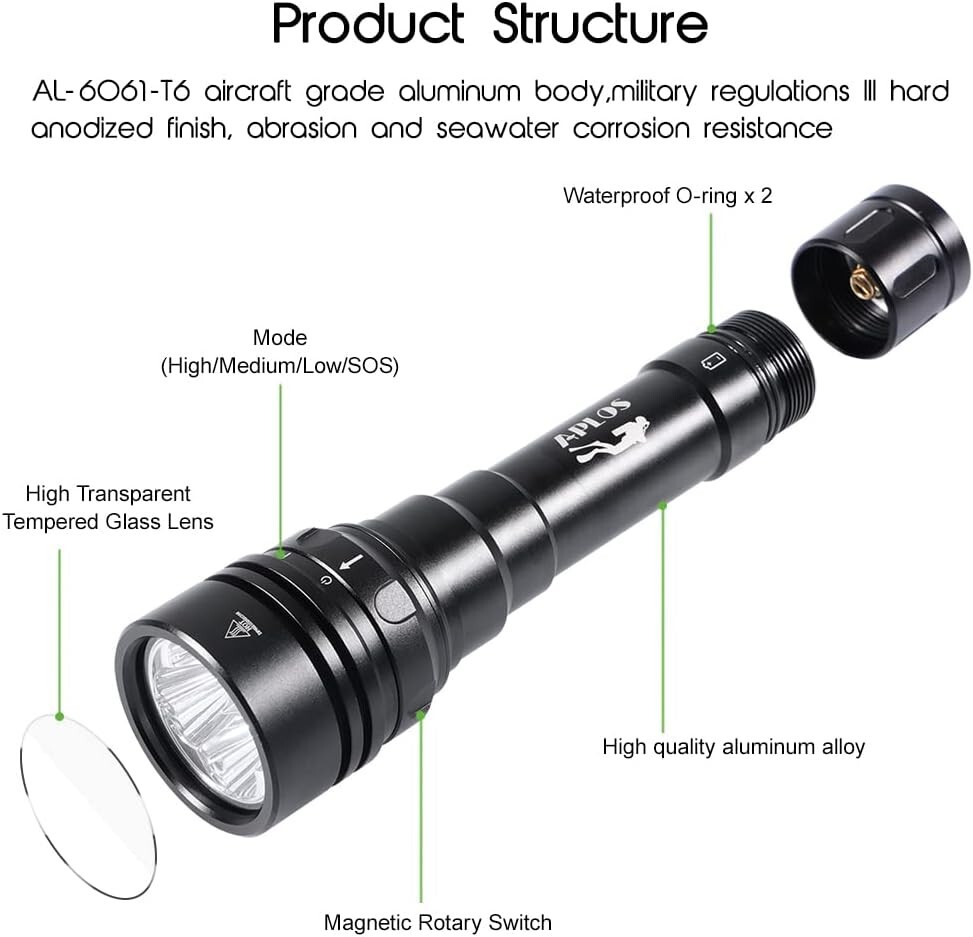 APLOS AP150 Dive Torch, 15000 Lumen, Underwater 492ft, Scuba Diving Flashlight.