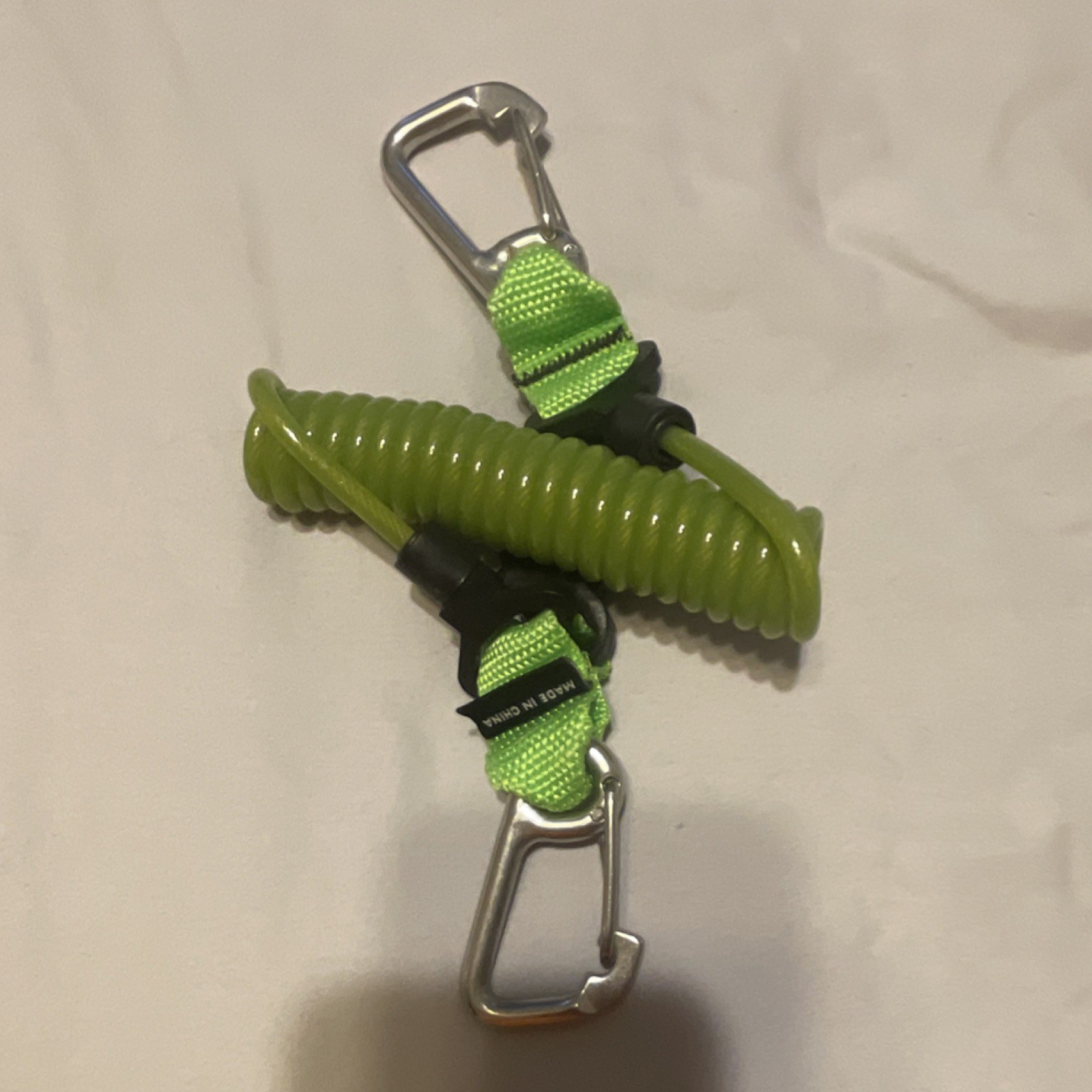 Green Coiled Scuba Diving Lanyard Tether with 2 Metal Carabiner Clips