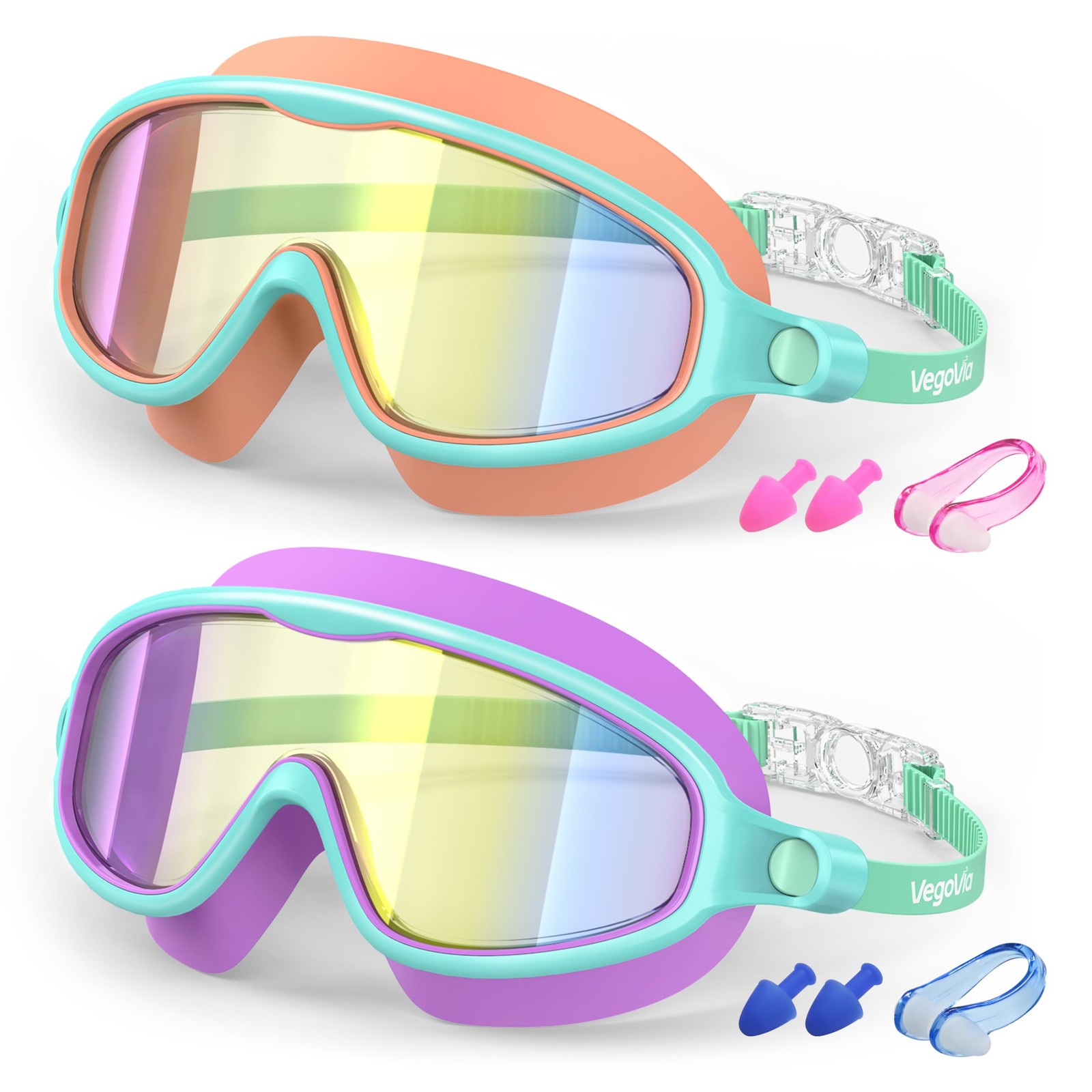 VegoVia 2 Pack Swim Goggles for One Size, Orange/Mirrored & Purple/Mirrored