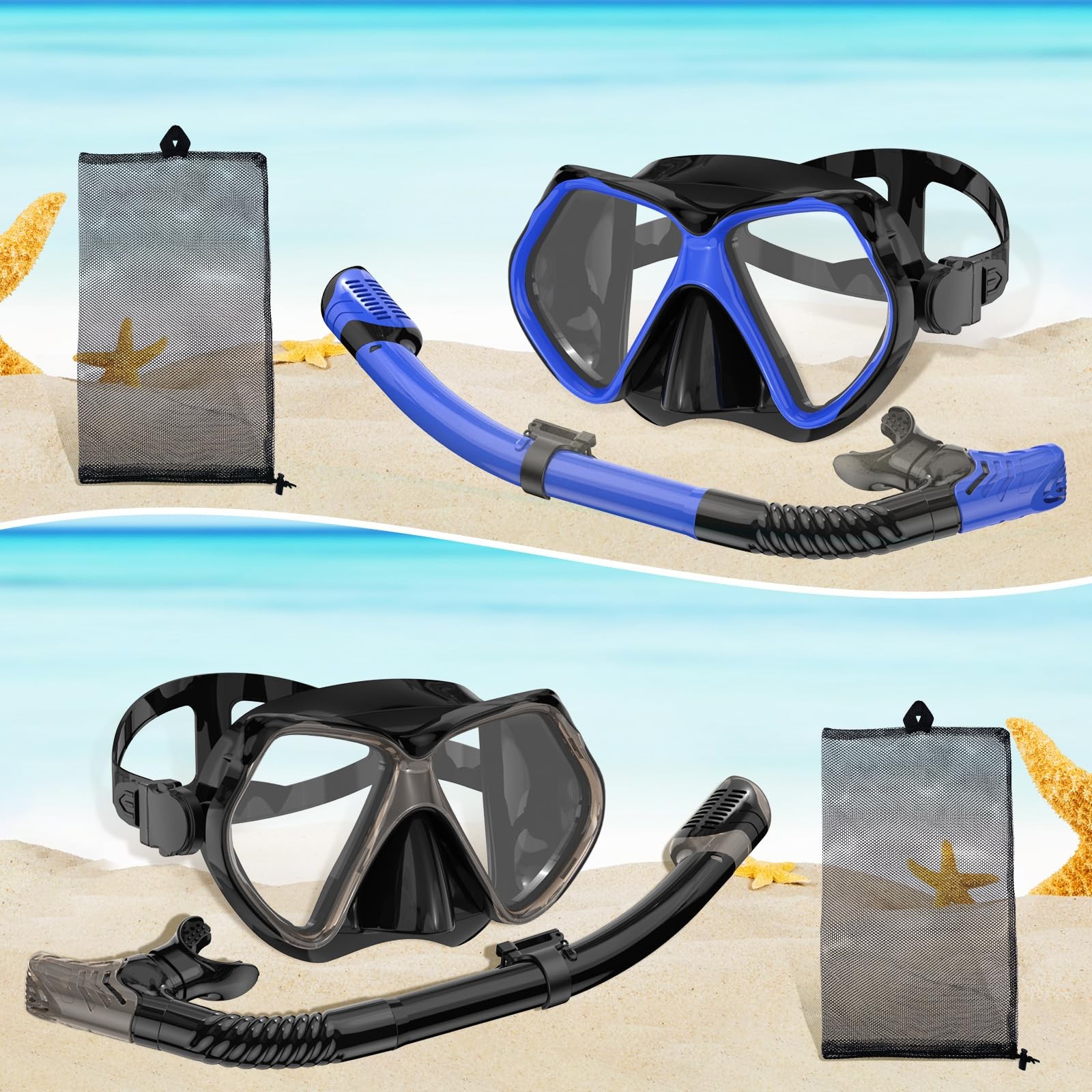 Snorkeling Gear for Adults, Dry Snorkel, Mask Set Adult, Diving Gray+Blue