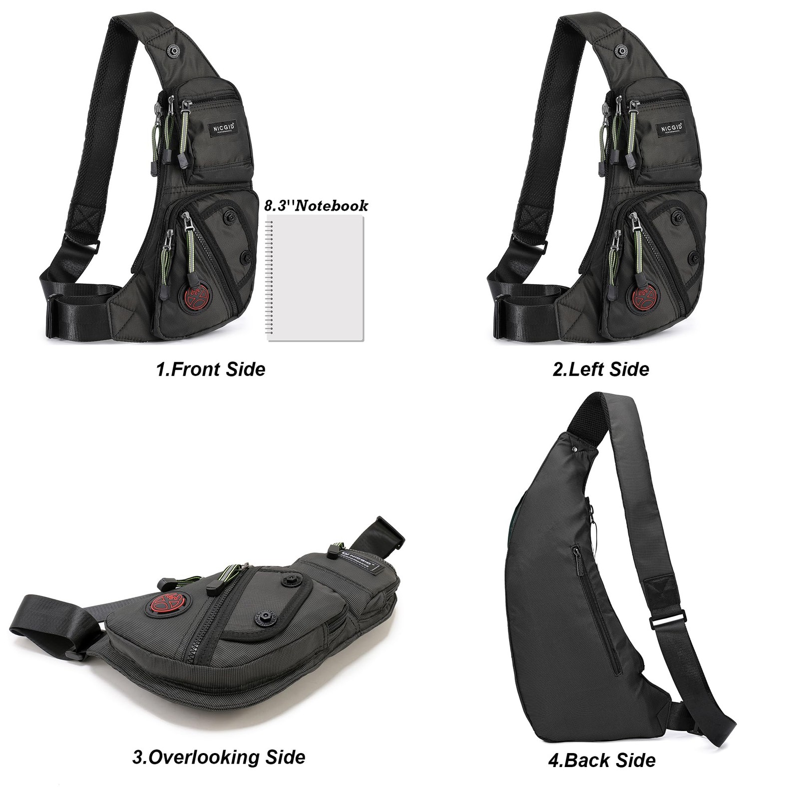 NICGID Sling Bag Chest Shoulder Backpack Crossbody Bags Casual Small, Black