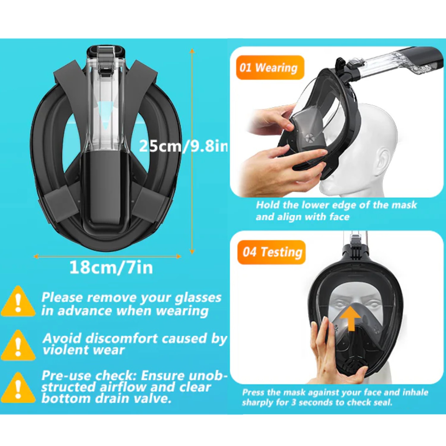 2 X Adult Anti-Fog Full Face Snorkel Mask Gear Dry Top Breathing Camera Mount
