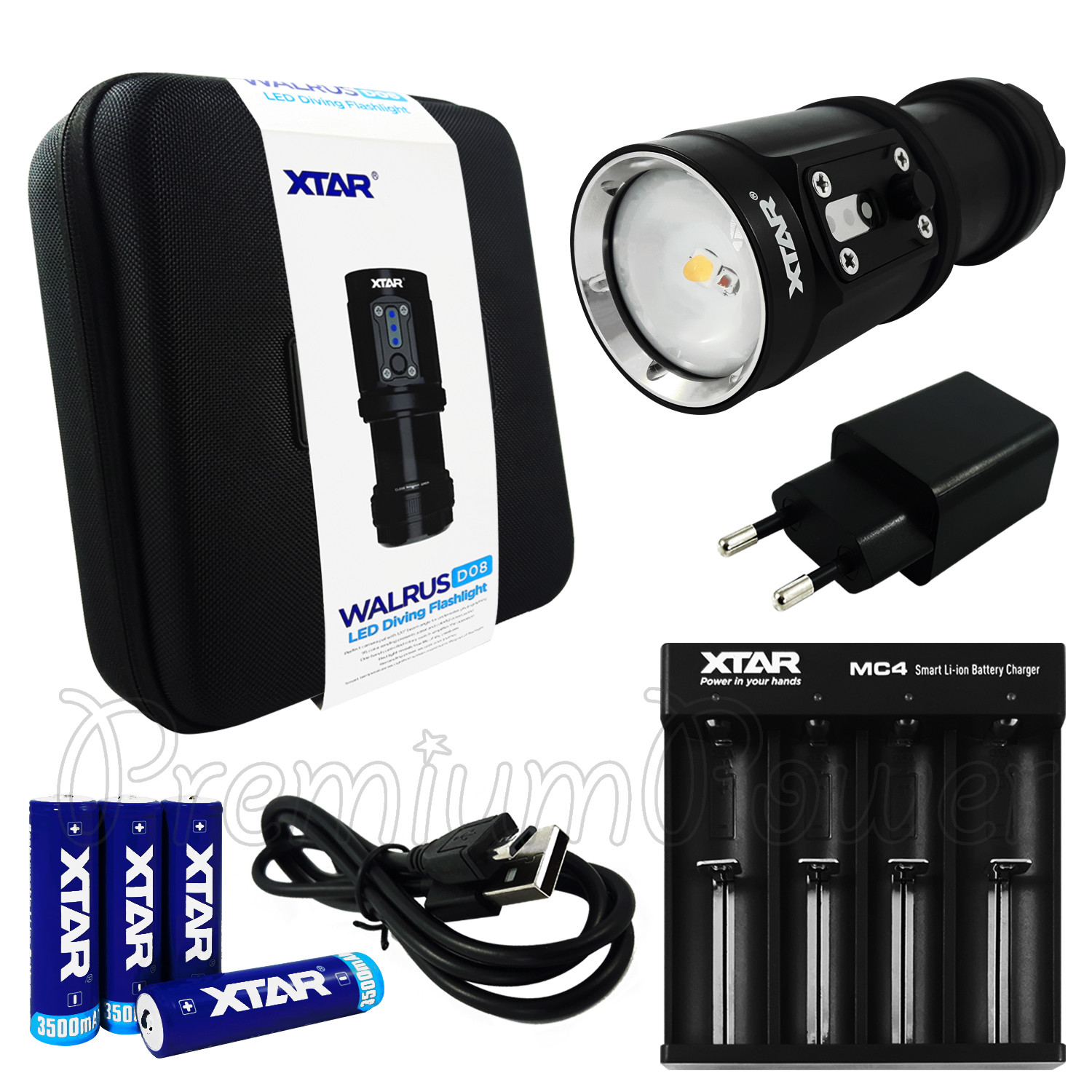 XTAR Walrus D08 Diving Flashlight LED 2000 lumens Photo Torch MC4 Charger Kit
