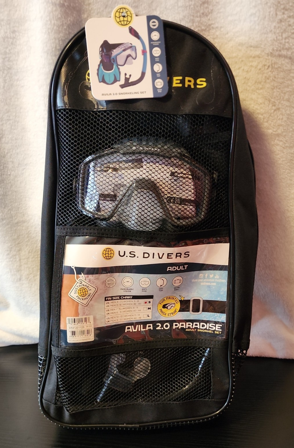 U.S. Divers Snorkel Set Mask Fins Set Black W/ Bag Adult Small New vacation