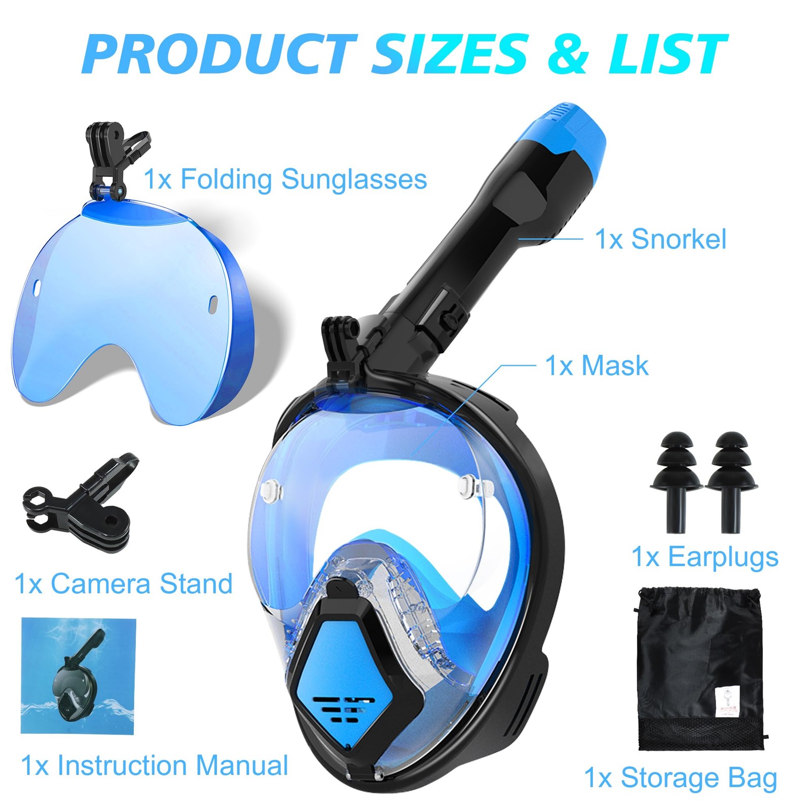 Full Face Snorkel Mask-Latest Dry Top Breathing System X-Large, Black Blue