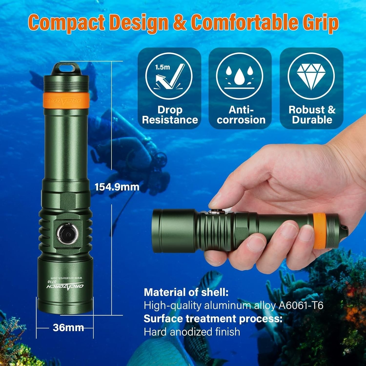 ORCATORCH D710 Scuba Diving Light,3000 Lumens Super Bright Underwater Flashlight