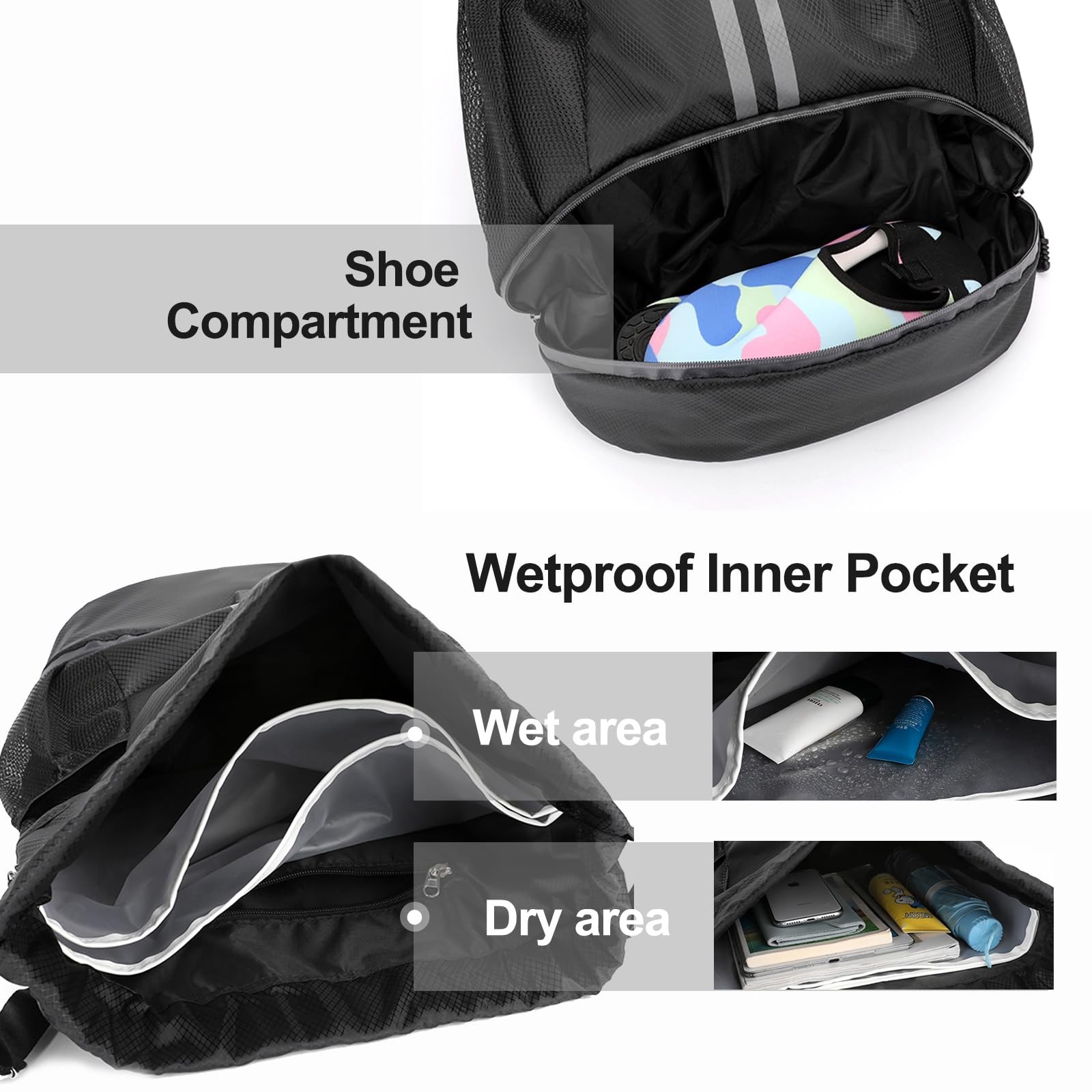 Hoedia Sports Drawstring Backpack – String Swim Gym Bag with Large, Black