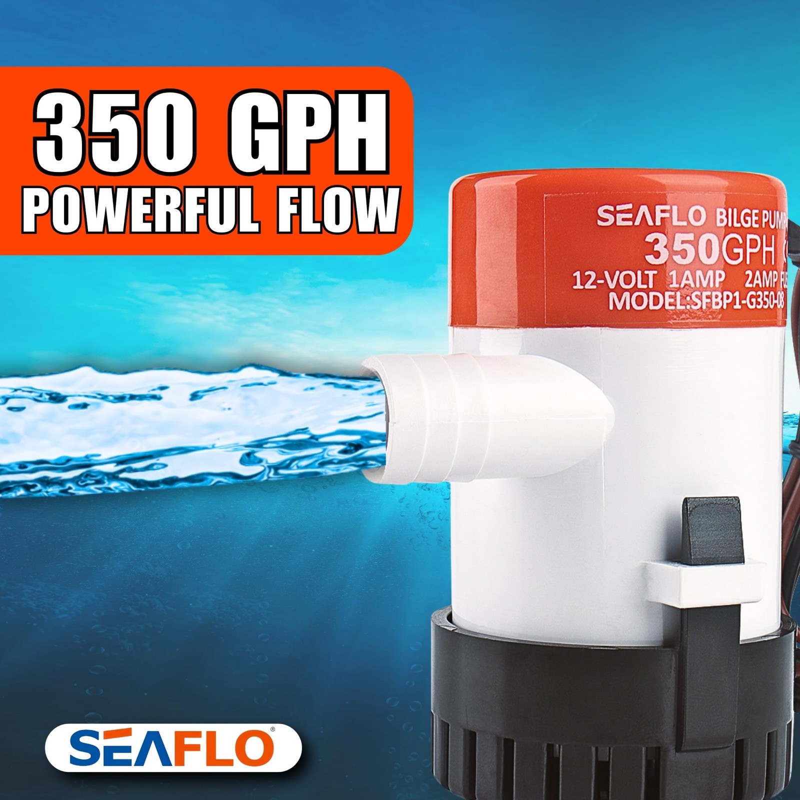 SEAFLO 01 Series 350 GPH Bilge Pump – 12V, 3/4″ Outlet, White, Orange, Black