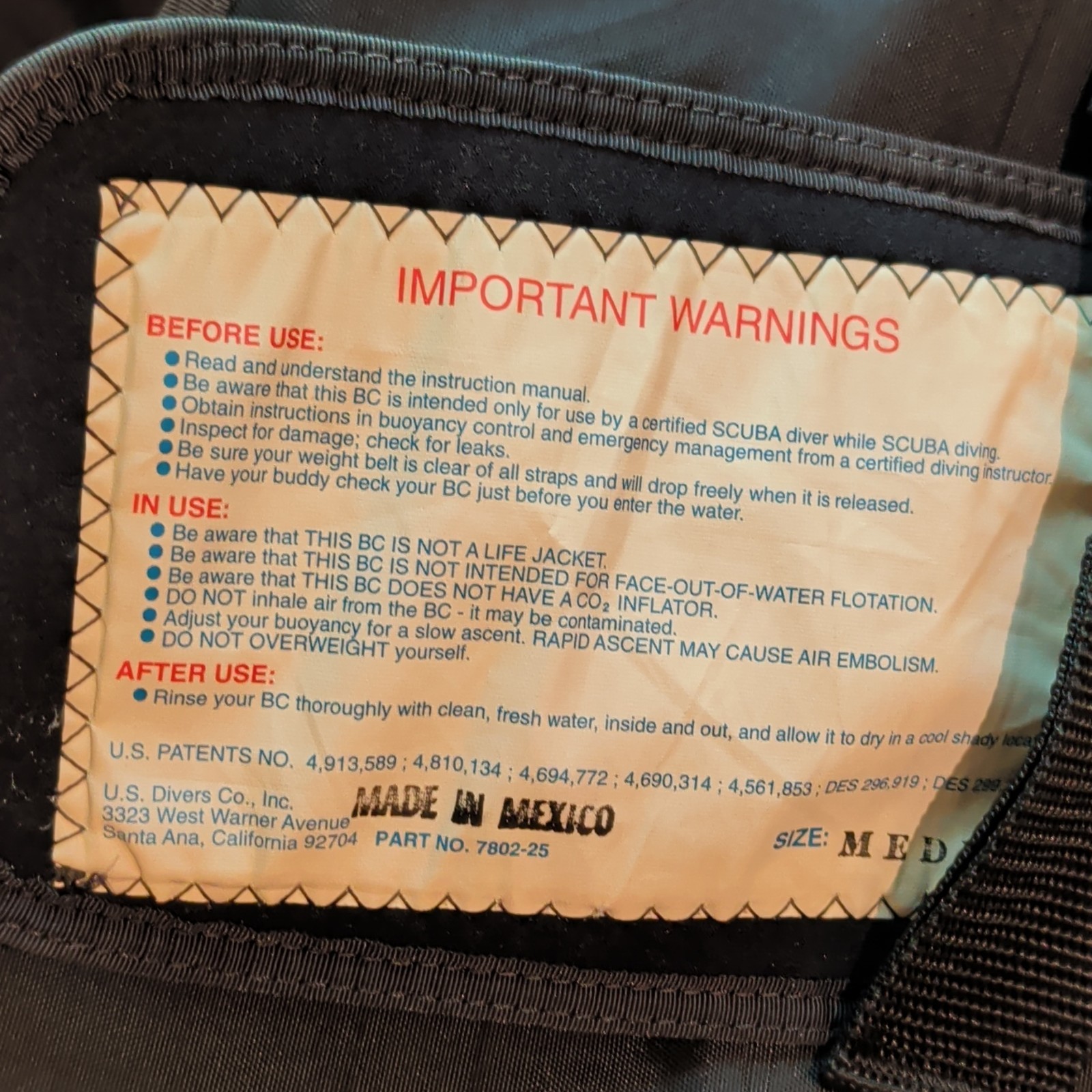 U.S. Divers Sonic 2 Scuba BCD Buoyancy Compensator Vest, Medium (MPN 7802-25)