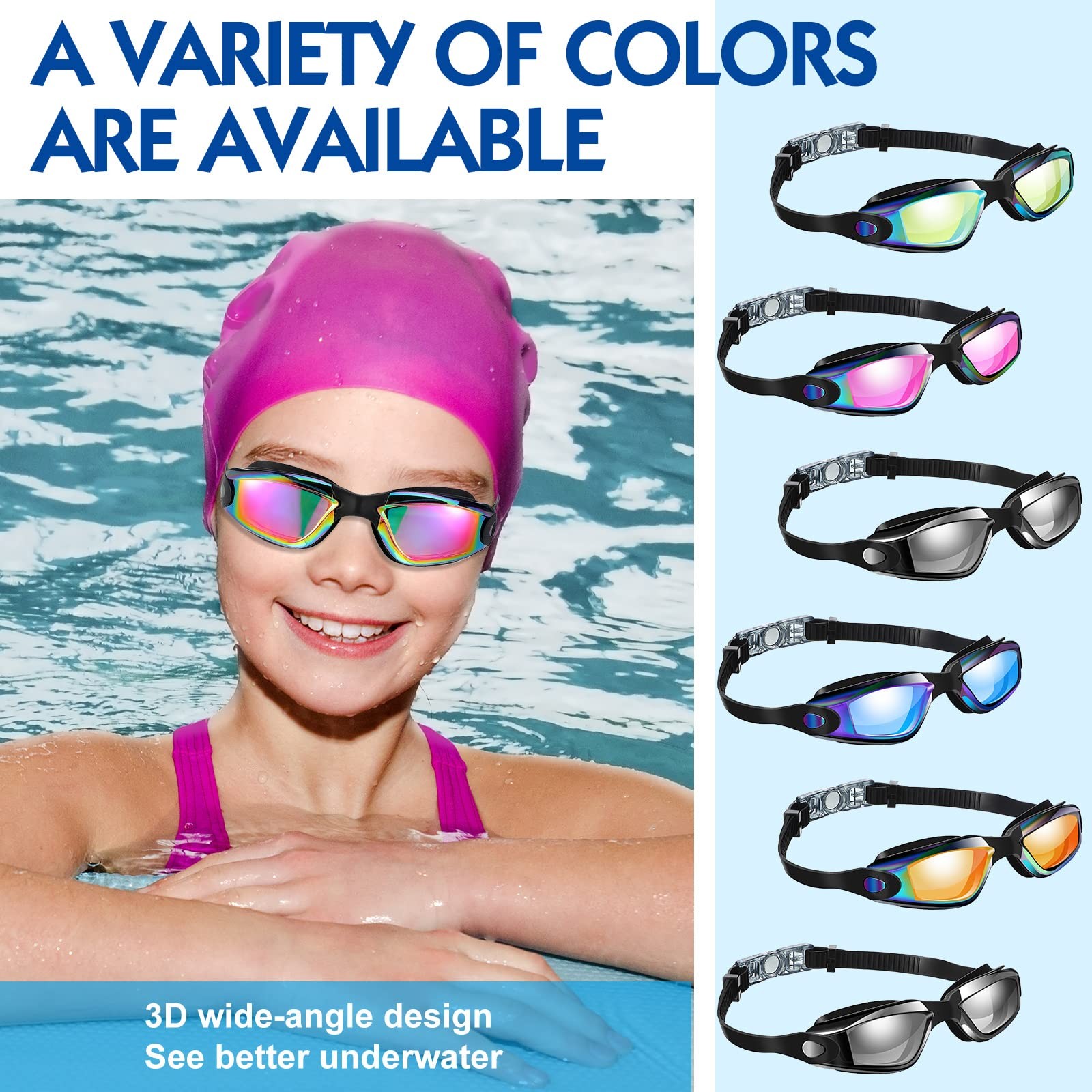 6 Pack Swim Goggles Antifog Swimming Equipment 6.3 X 1.6 Inches, Vivid Color