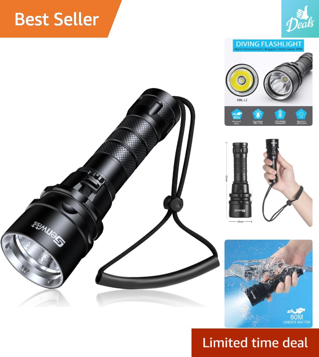 Ergonomic Scuba Diving Flashlight – 2000 Lumen Waterproof LED Torch with Charger