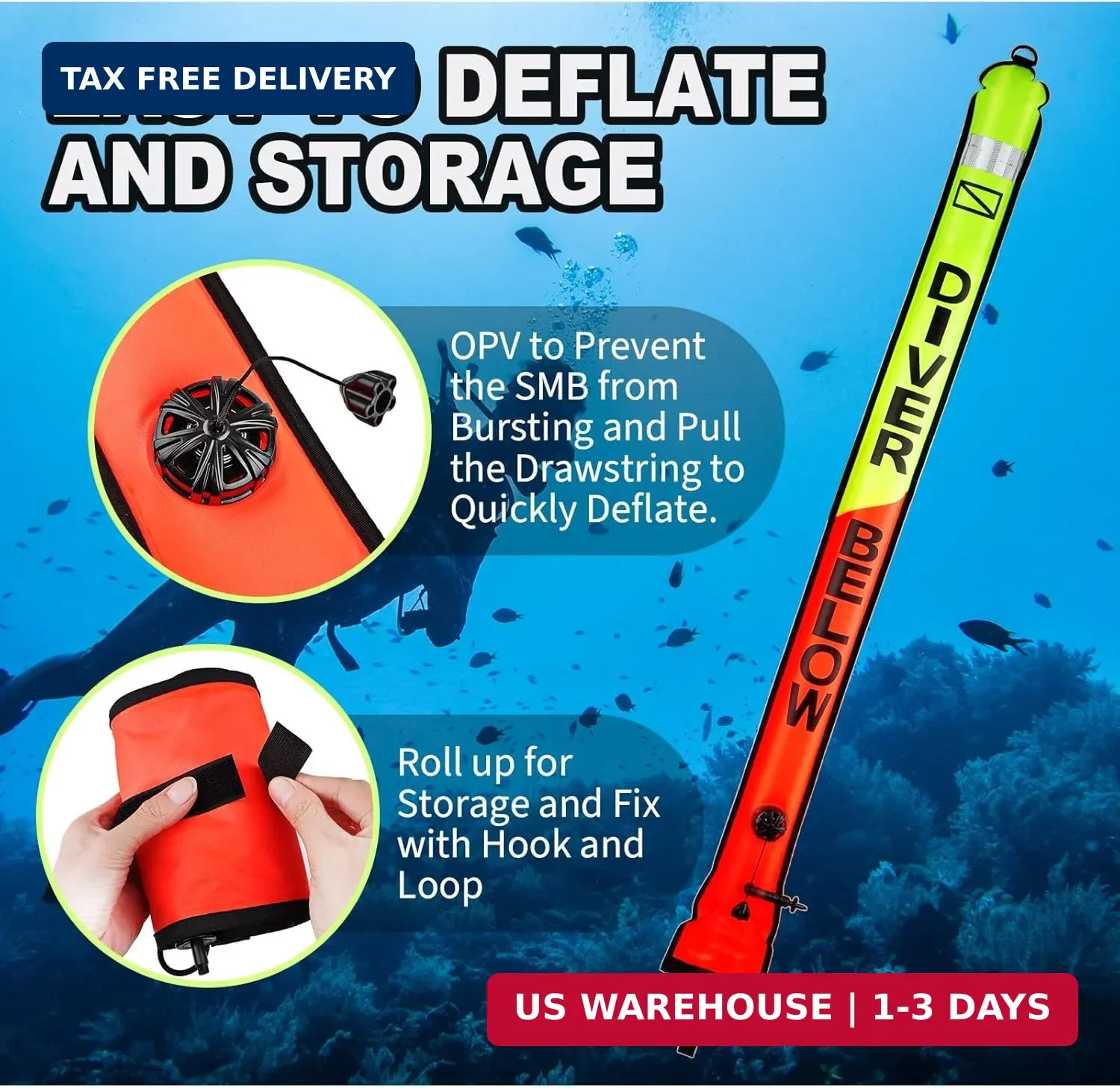 Surface Marker Buoy, 5ft Scuba SMB High Visibility Open Bottom Dive Buoy with Or