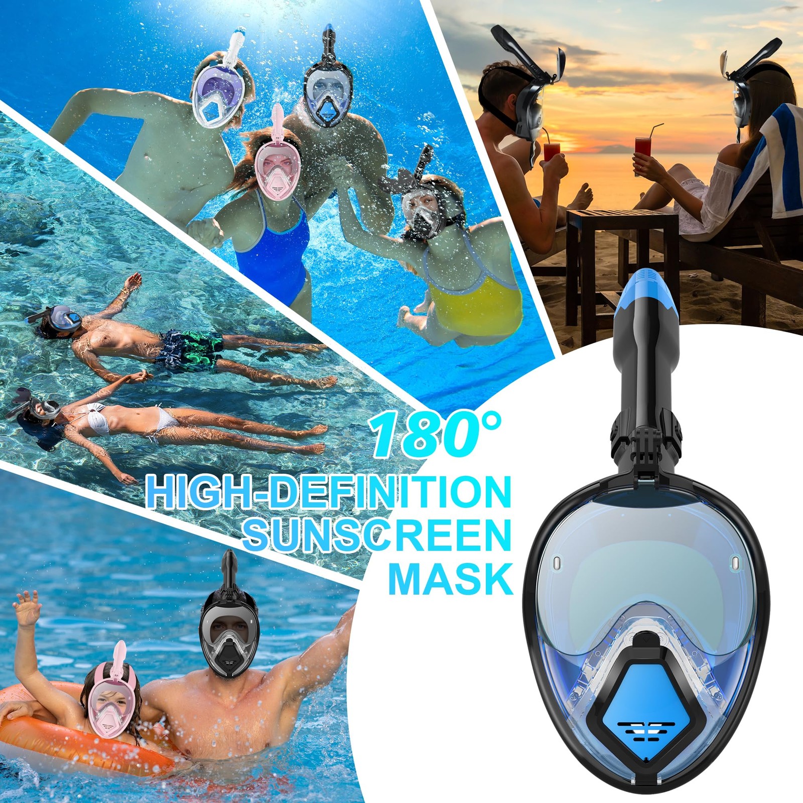 Full Face Snorkel Mask-Latest Dry Top Breathing System X-Large, Black Blue