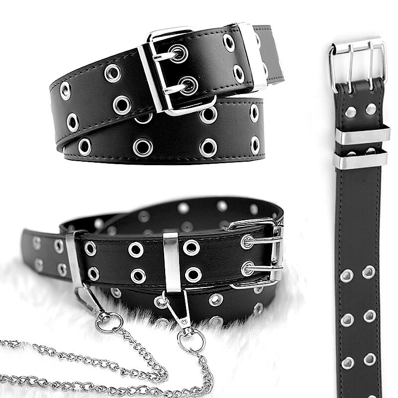 New fashion Gothic Double Grommet Holes Leather Belt 2-Row Studded For Womens