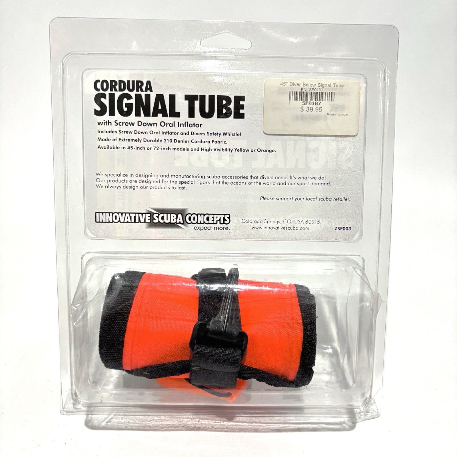 Innovative Scuba Concepts Deluxe Cordura Signal Tube 45in Diver Below Orange NEW