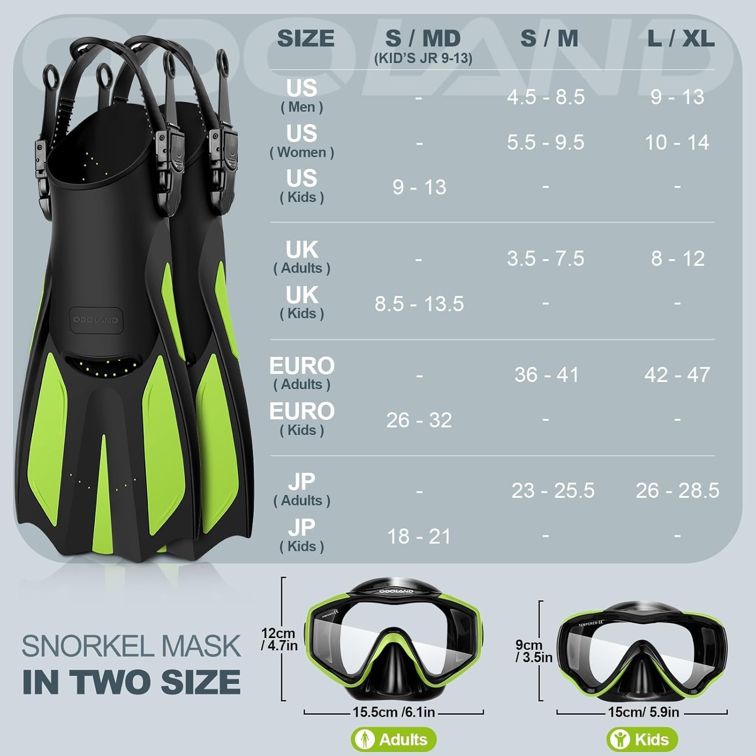 Odoland Adult Snorkel Set, S/M (US Men 4.5-8.5/ Women 5.5-9.5), Black Green