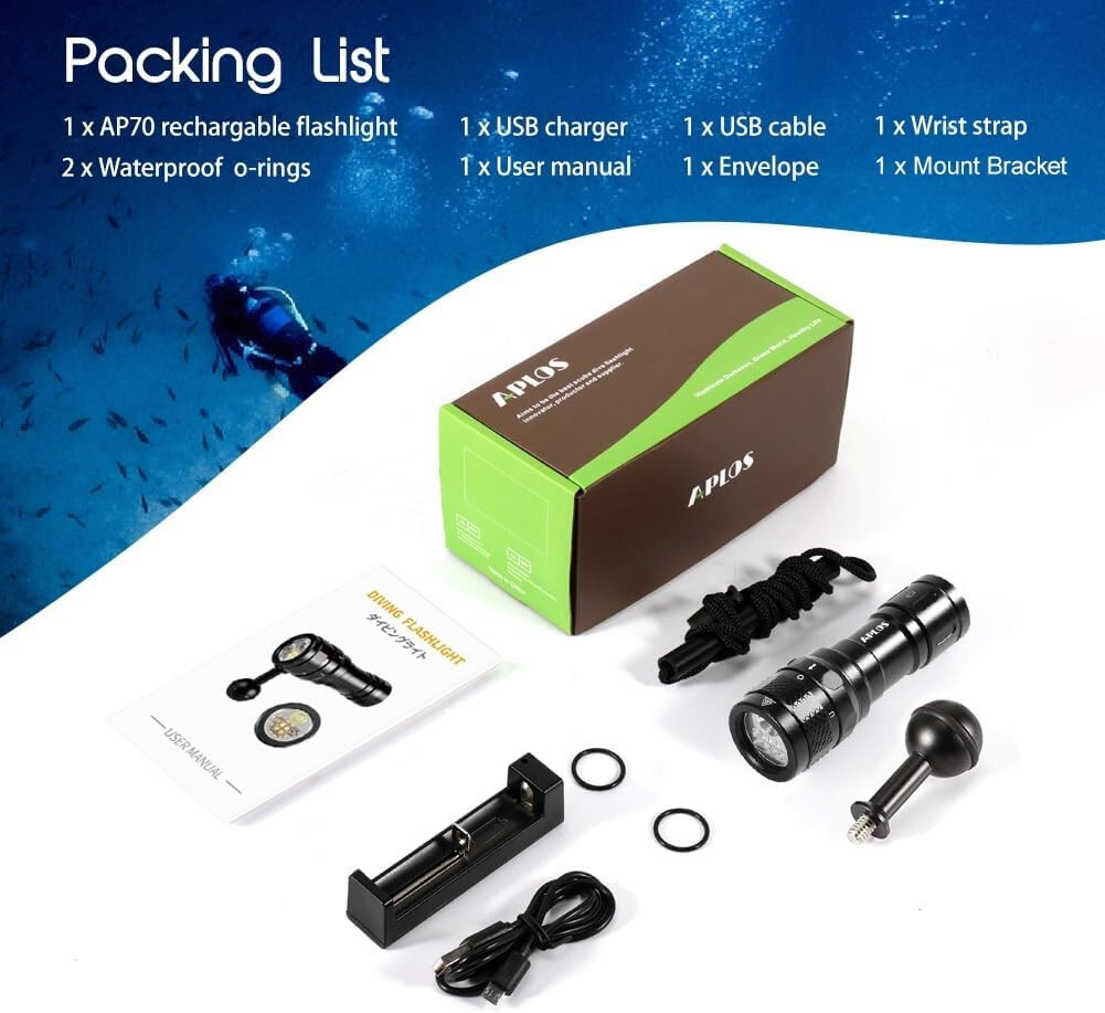 APLOS AP70 Scuba Diving Video Light, 6000 Lumen, 5 Modes, 135 Degrees Wide Beam